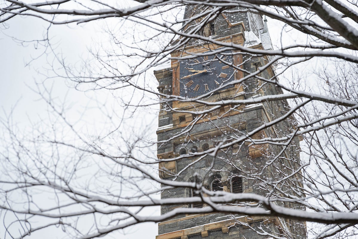Healy Clock Tower in the winter. A snow covered tree is in front of it.