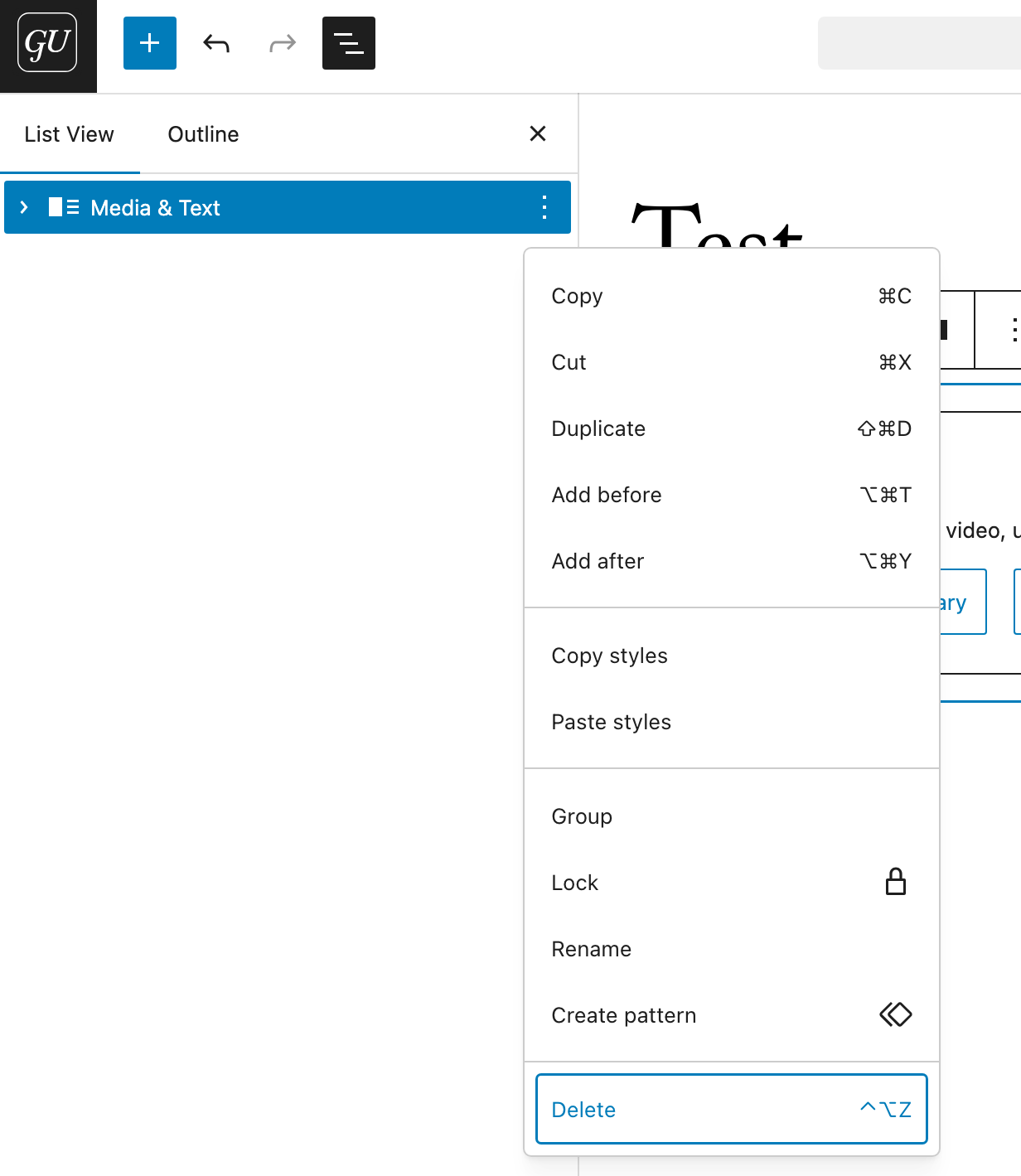 Delete block in document overview
