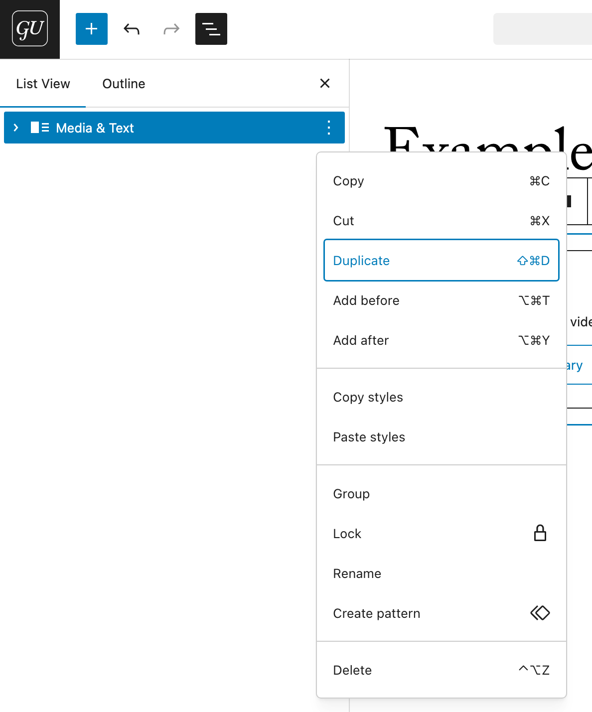 Duplicate block in document overview
