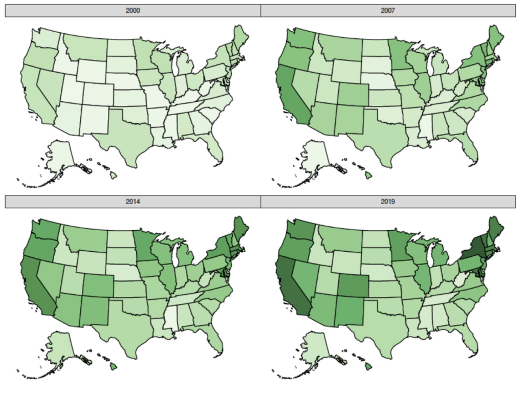 This image shows the climate policy stringency index over time for each state. 