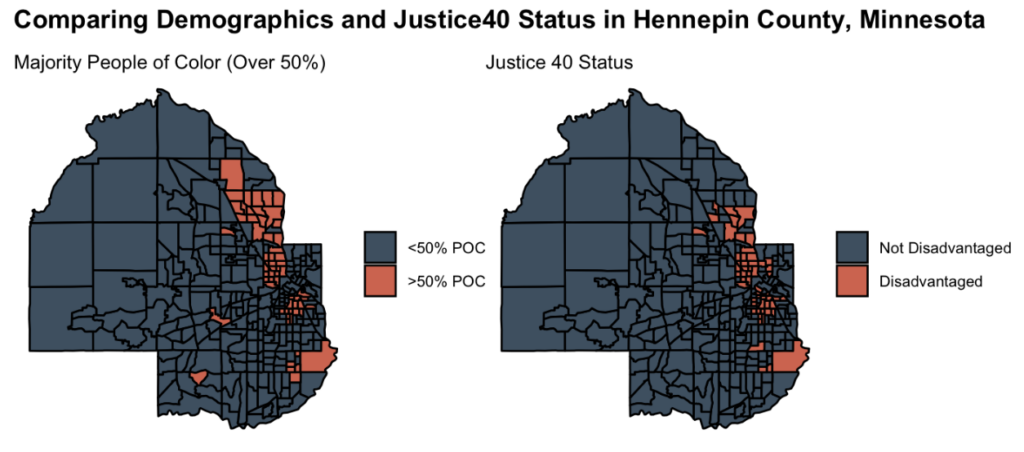 two map images of Hennepin County, Minnesota comparing racial demographics and justice40 status 