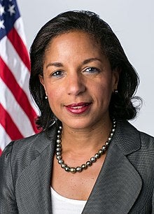 Headshot of Ambassador Susan Rice in front of the American flag