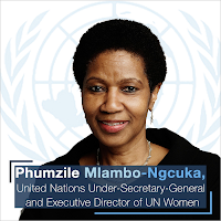 Mlambo-Ngcuka in front of UN logo