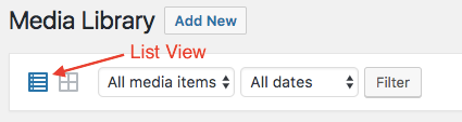 View of the "List" option in the Media Library.