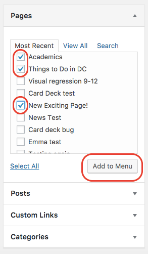 View of the page selection process to with the "Add to Menu" button highlighted. 