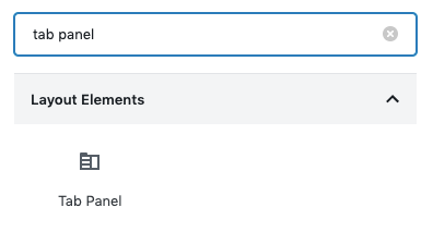 Tab Panel block icon outlined in red under block search bar.