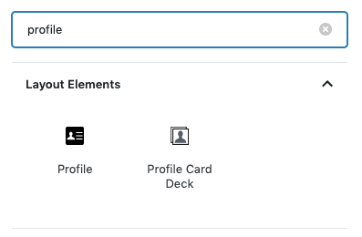 The block search bar with the word profile in displays the Profile and Profile Card Deck as its results.
