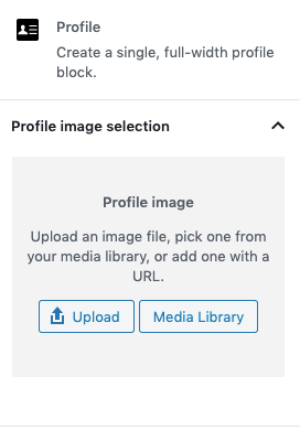 The profile block image selection setting, displaying options to Upload an image or select an image from the Media Library.