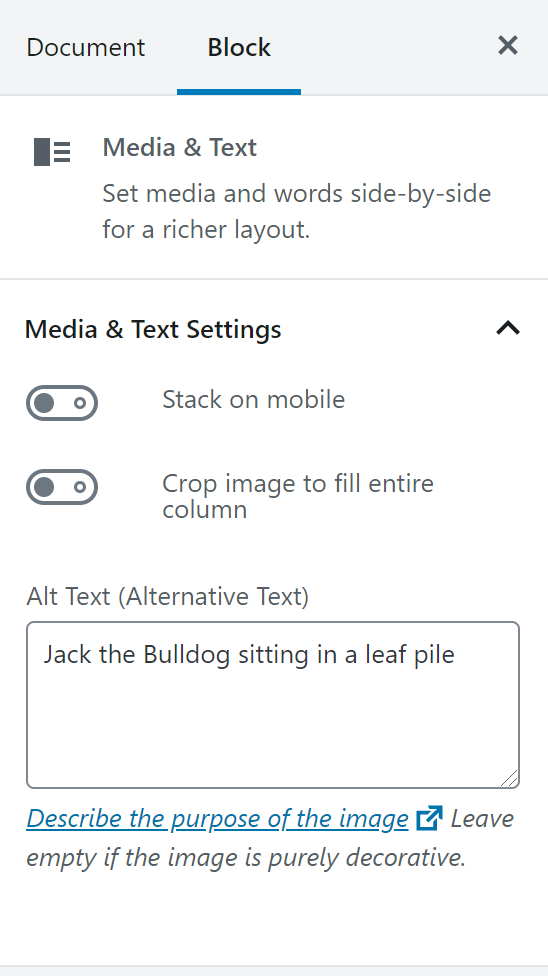 View of Media & Text block settings with the alternative text filled out.