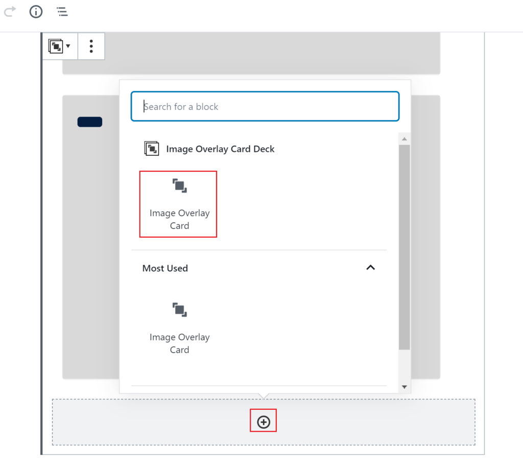 Plus sign within the Image Overlay Card deck outlined in red with the image overlay card button icon above the plus sign.