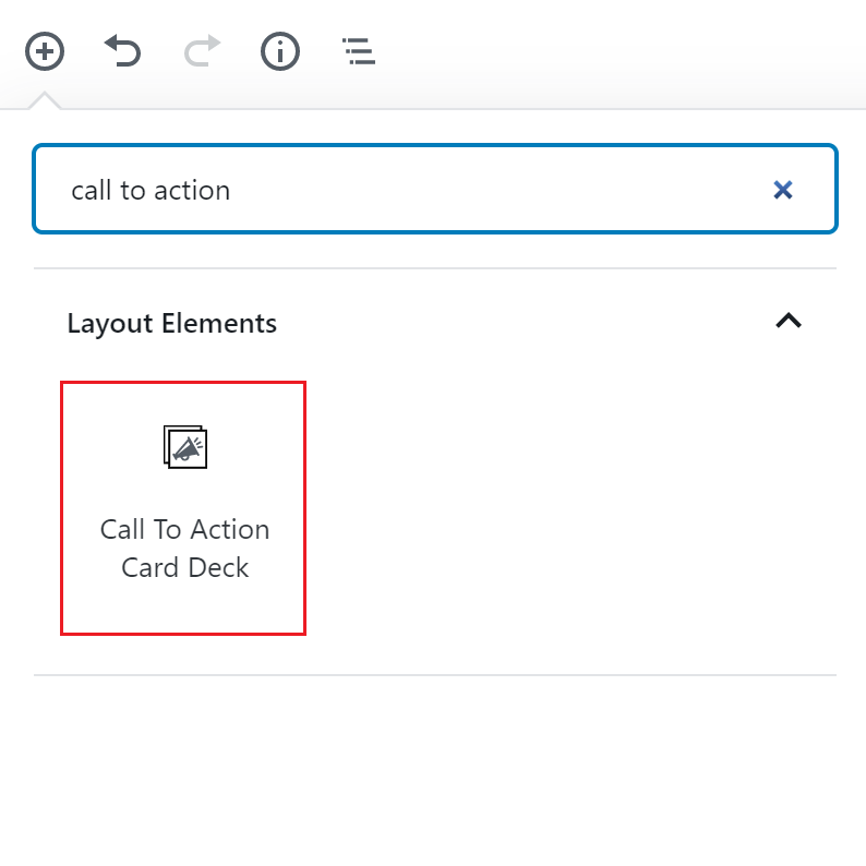 Call to Action card deck block icon outlined in red the under block search bar.