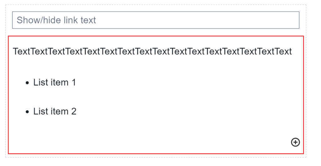 A paragraph and list block both inside an expandable content block and outlined in red.