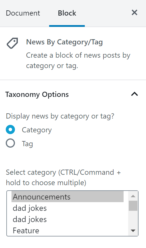News by Category/Tag Taxonomy Options.