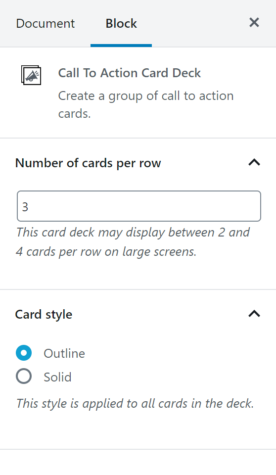 The call to action card deck block settings.