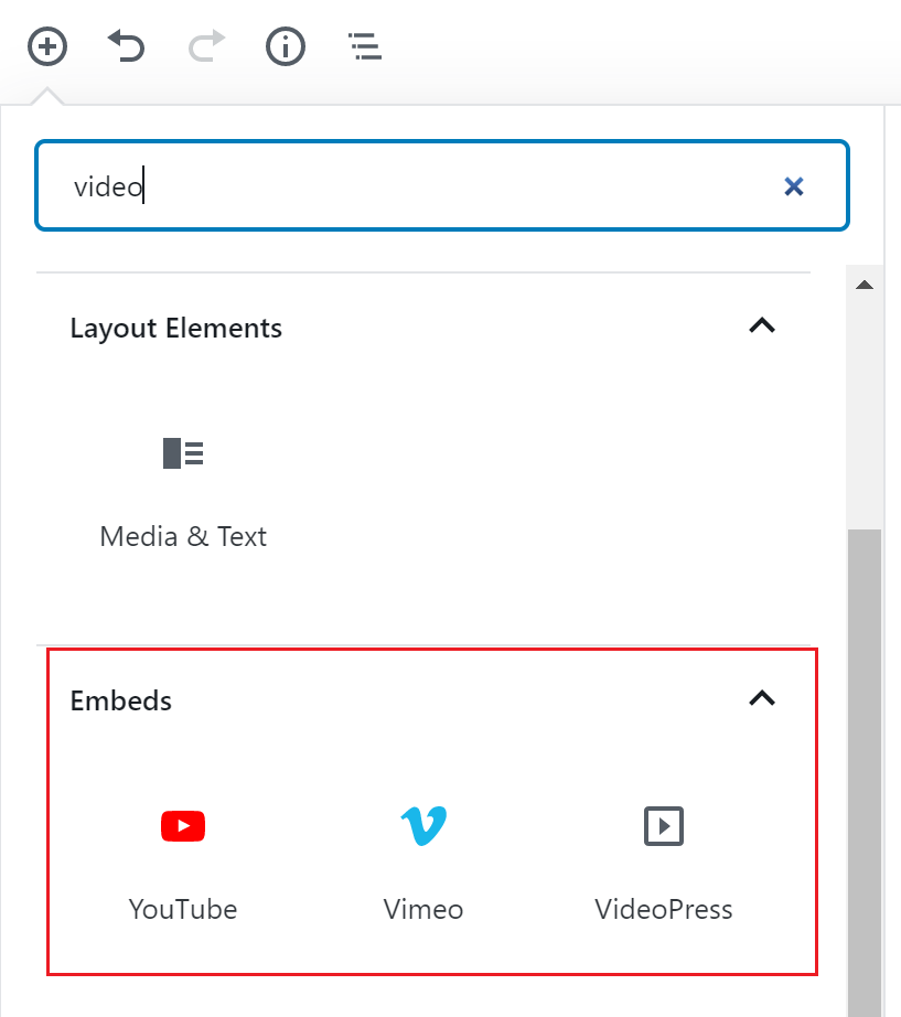 The block search bar with the word “video” and the Embed block are all outlined in red.