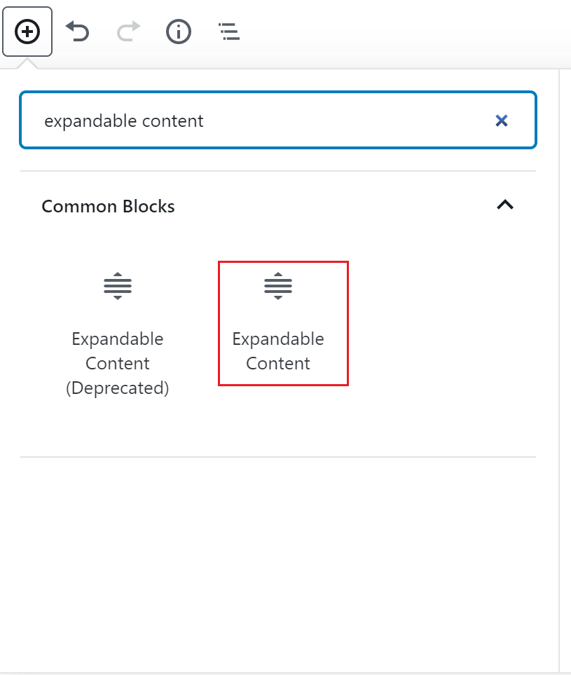 Expandable content block icon outlined in red under the block search bar.