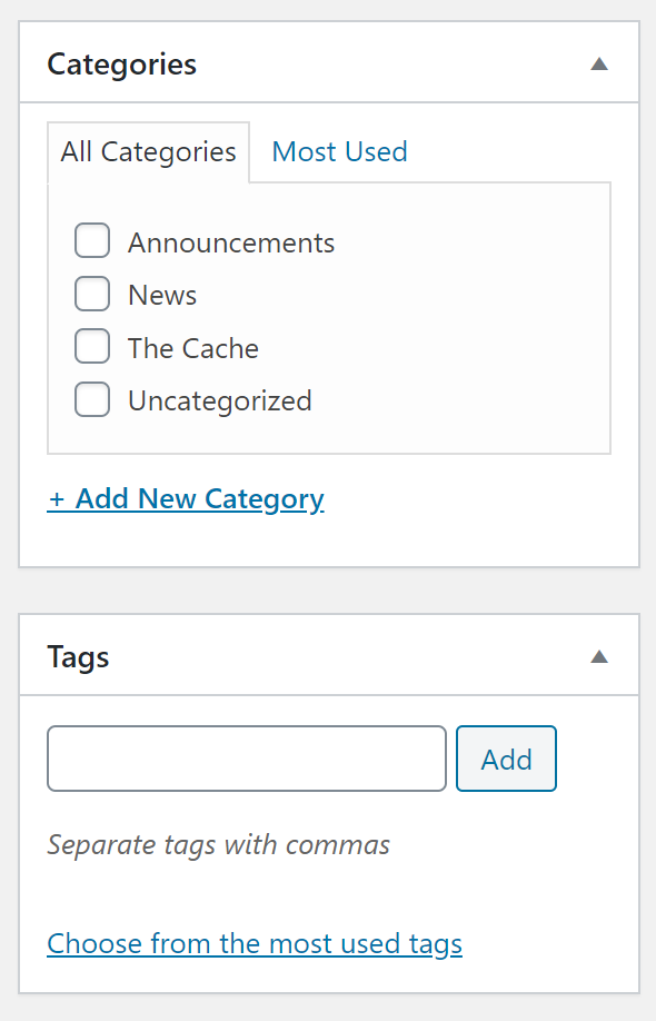 External Link Category/Tag options on the right of the editor.