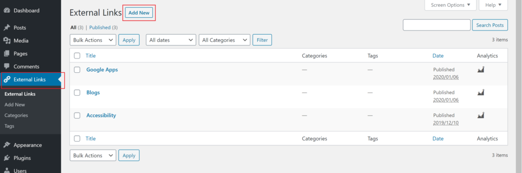 The add new button is outlined in red in External Links WordPress setting tab.
