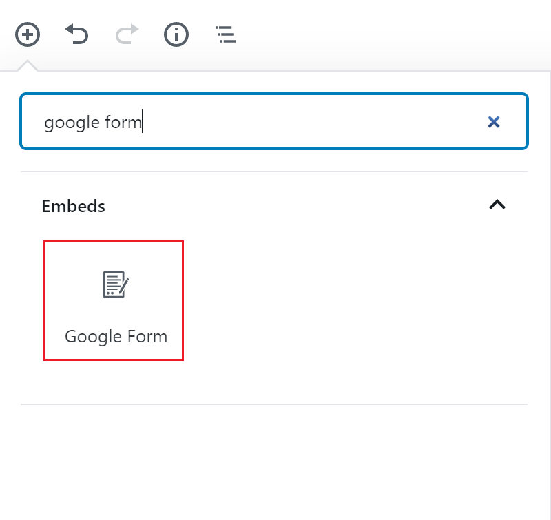 The Google Form block icon  is outlined in red under the block search bar.