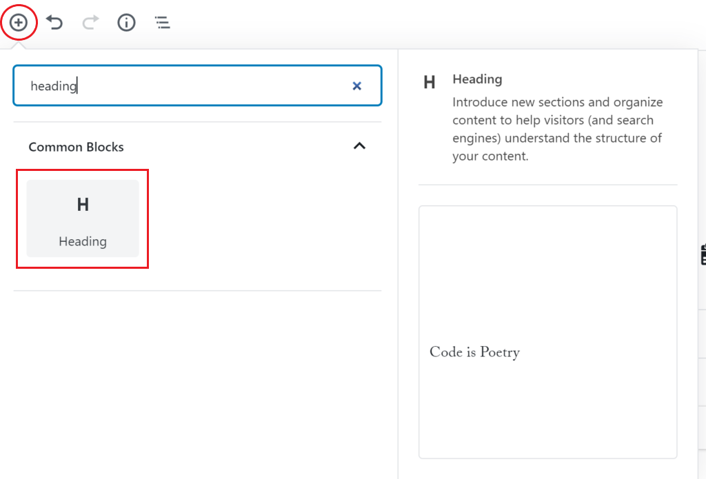 The block search bar with a red box outlining the "Heading" block icon.