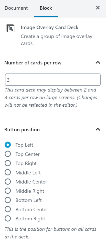 The image overlay card deck block settings.