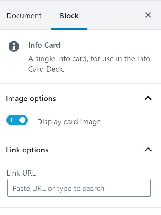View of the info card settings, specifically image options, link options, and caption options.