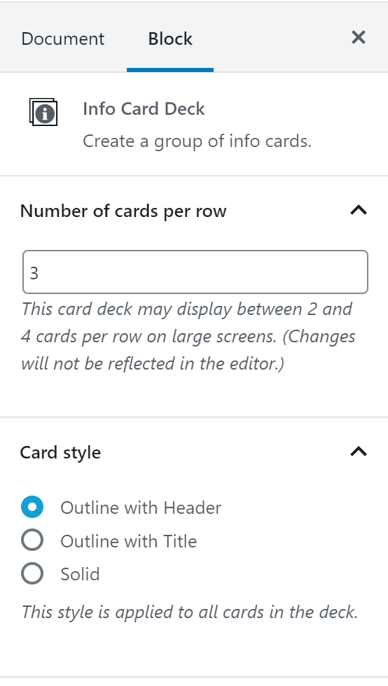 display of Info card deck option menu with number of cards per row and card style options.
