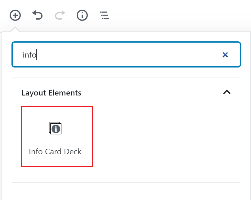 Info card deck icon outlined in red under the block search bar.