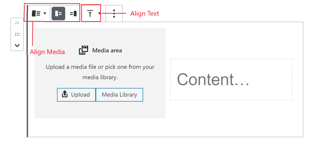 Media & Text Block Editor with its alignment options outlined in red.  