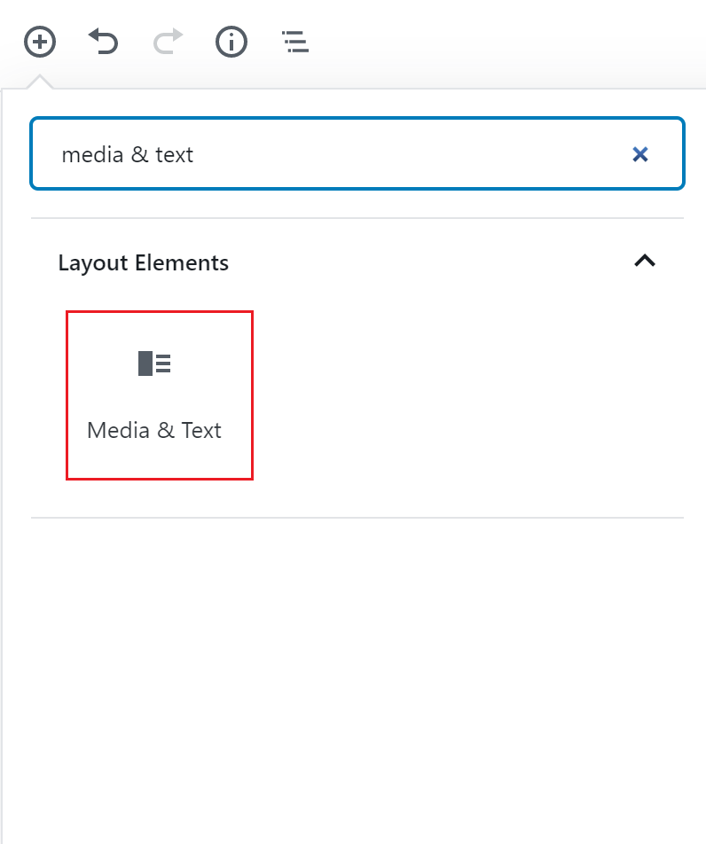 Media & Text Block Icon outlined in red under the block search prompt.