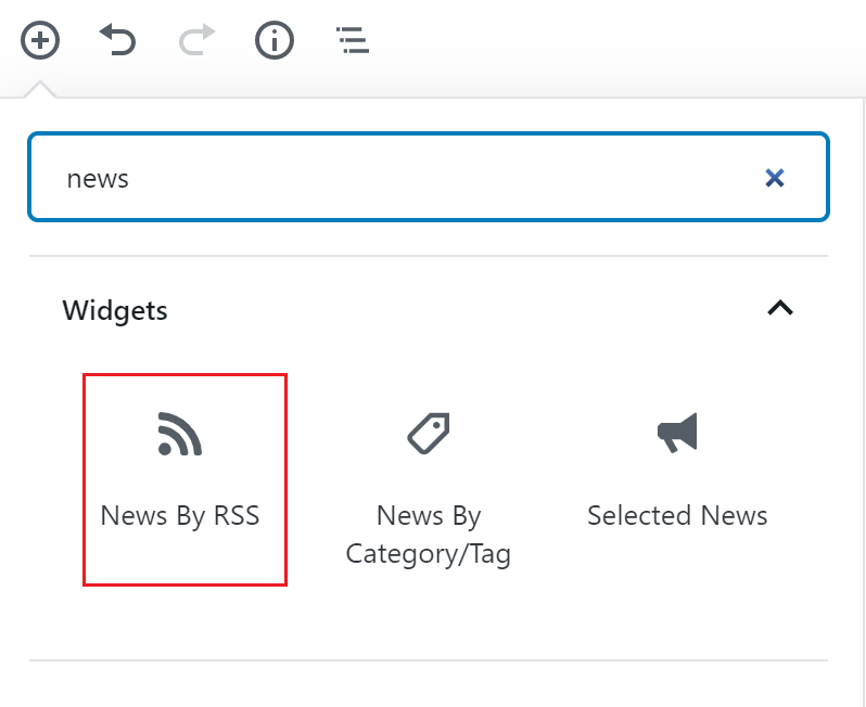 News by RSS block icon is outlined in red.