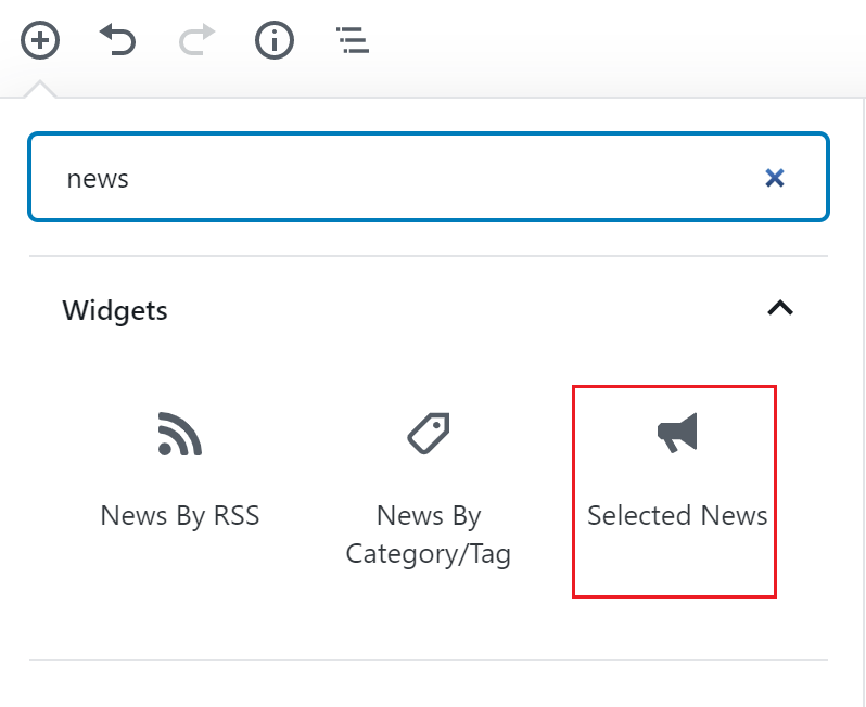 Selected News block icon outlined in red.