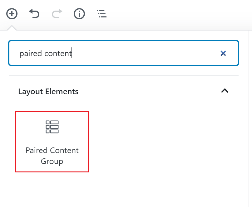 The Paired Content block icon is outlined in red under the block search bar.
