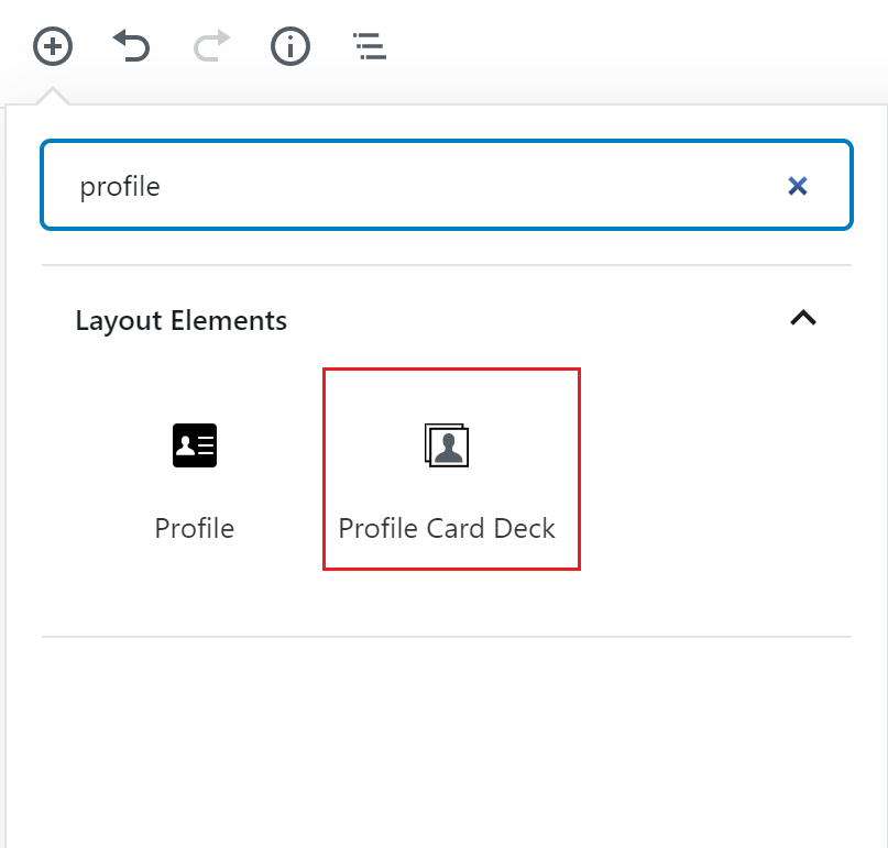 Profile card deck block outlined in red  under block search bar.