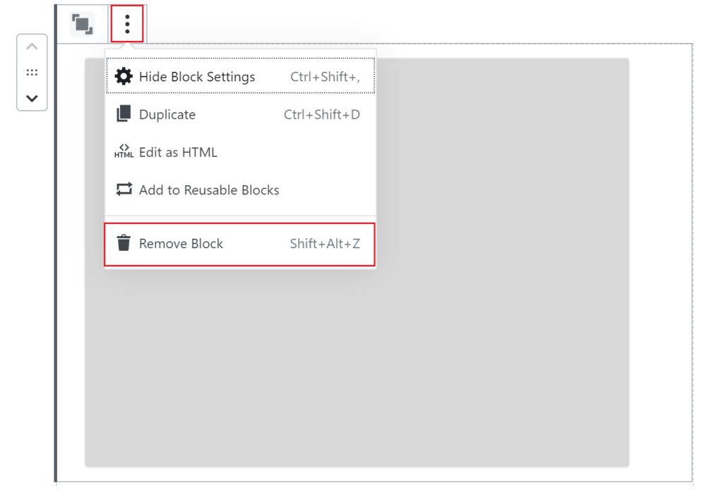 The remove block option is outlined in red in the three dots setting dropdown.