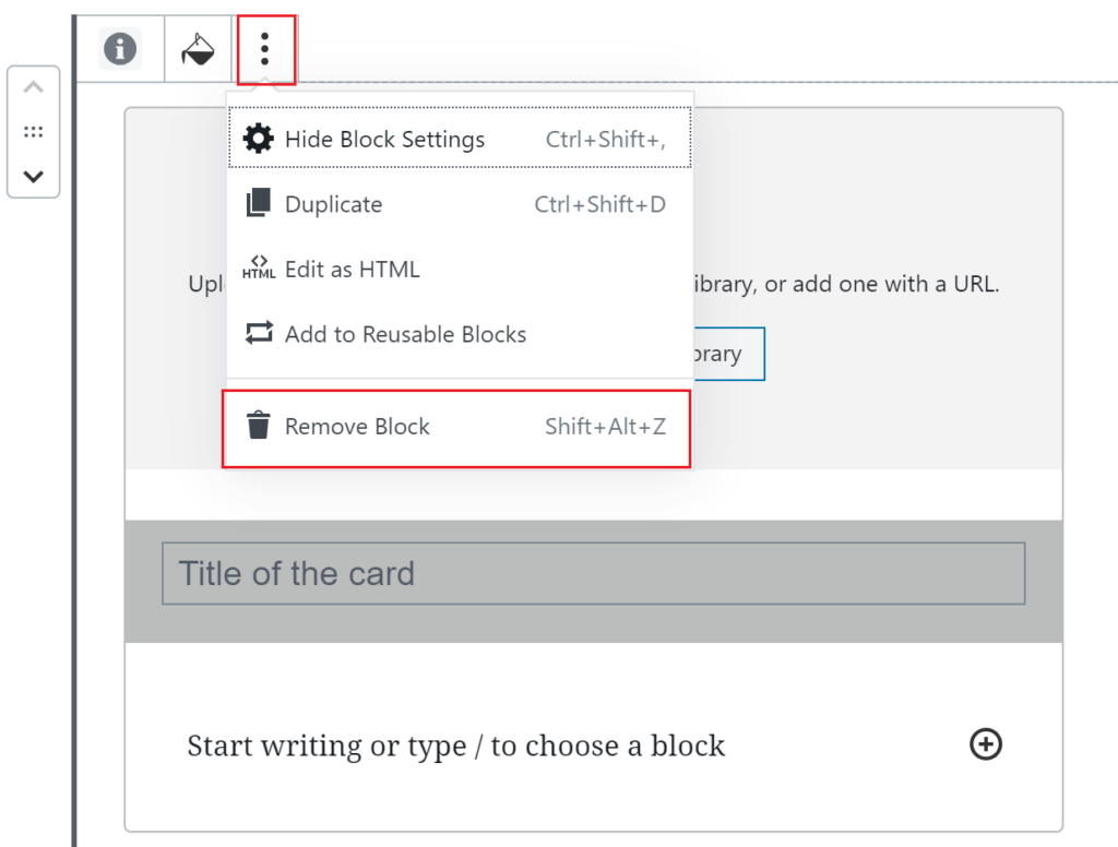 Under the red outlined three dots associated with the info card, there is the remove block option outlined in red.