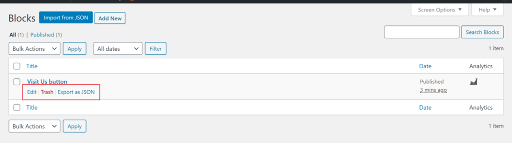 Display of all blocks with Edit, Trash, and Export as JSON outlined in red.