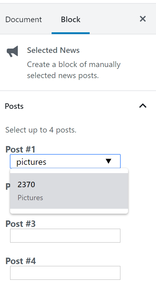 Selected News block settings with Posts drop down menu displayed