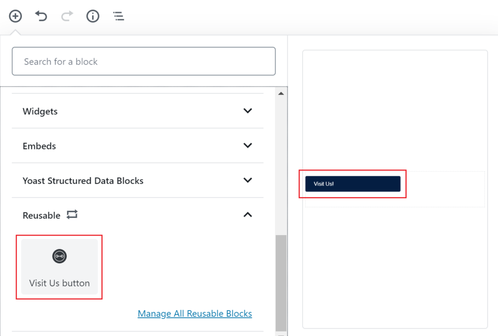 View of reusable blocks in the editor with the newly created button outlined in red.