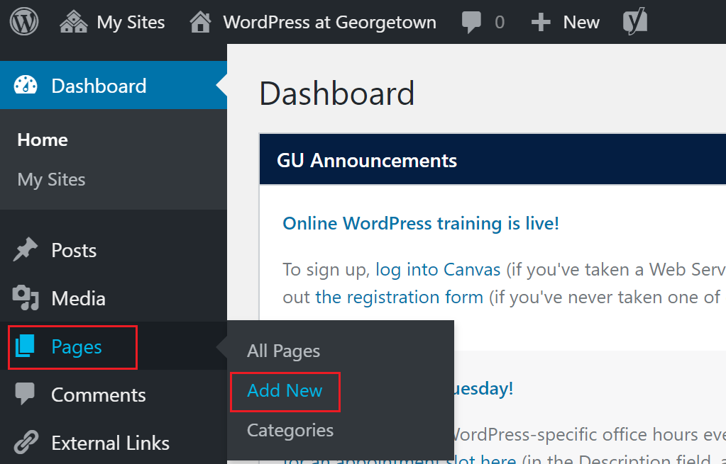 WordPress Dashboard with red box highlighting the "Pages" option and the “Add New” within the pages’ dropdown menu.