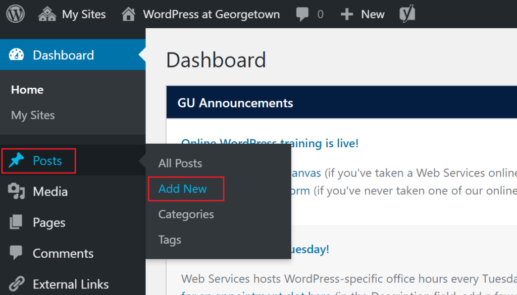 WordPress Dashboard with red box highlighting the "Posts" option and the “Add New” within the posts’ dropdown menu.