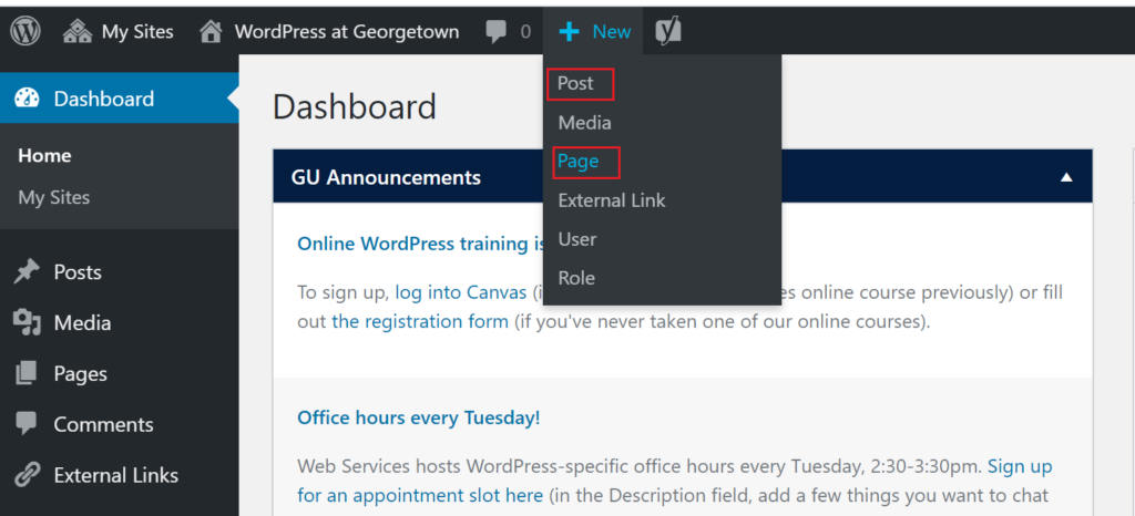 WordPress Dashboard with a red box highlighting the "+ New" dropbox in the top toolbar and the “Post” and “Page options within the dropbox.