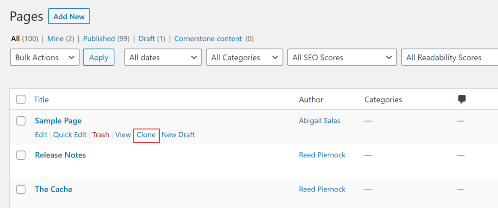 View of Pages admin menu with a red box outling to the "Clone" option under a sample page