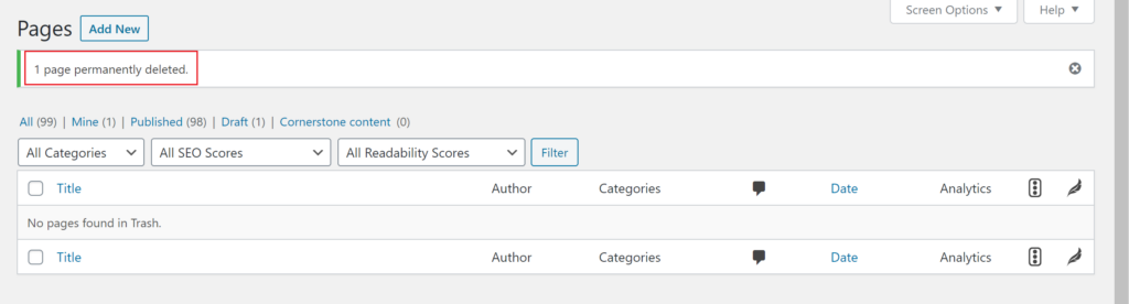 View of Pages admin menu with a red box outlining "1 page permanently deleted" confirmation bar