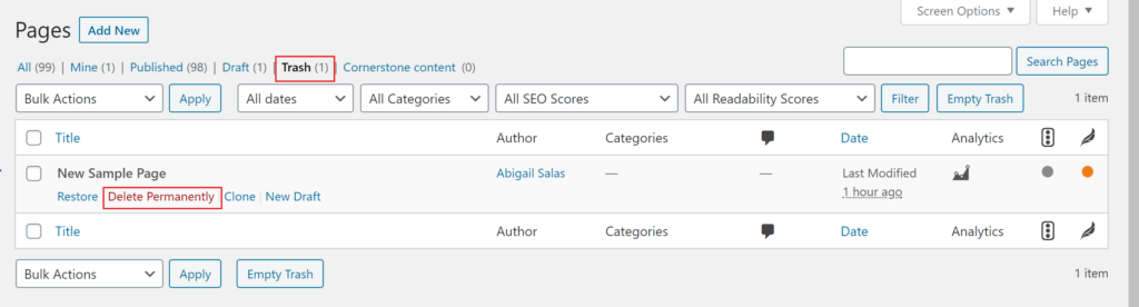 View of the Pages tab with the Delete Permanently and trash functions highlighted. 