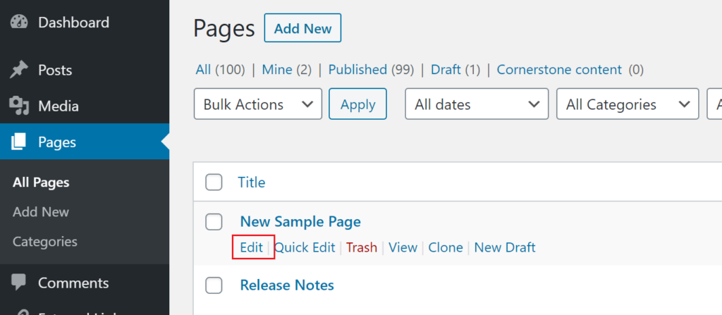 View of Pages admin menu with a red box outling to the "Edit" option under a sample page
