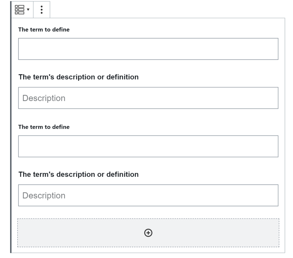 A blank Paired Content block with two blank terms to be filled in and defined.