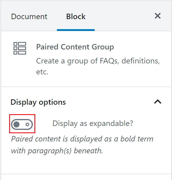 The Paired Content block settings with the display expandable option outlined in red.