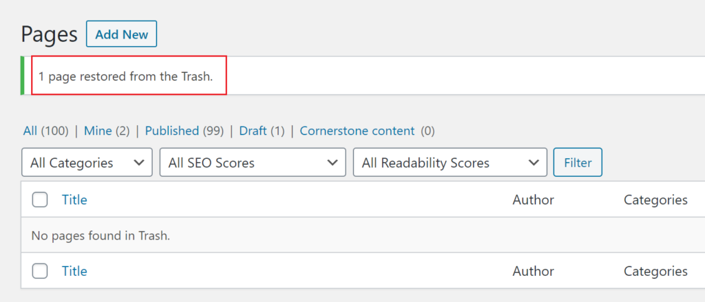 "1 page restored from Trash" confirmation message.
