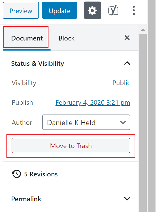 View of publishing box with a red box outlining "Move to trash" option